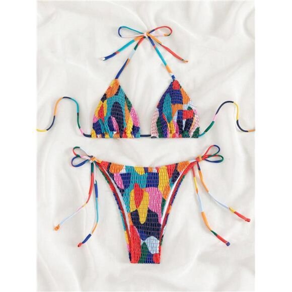 Swim Summer Beach Color Block Smocked Halter Triangle Bikini Set - Picture 3 of 5